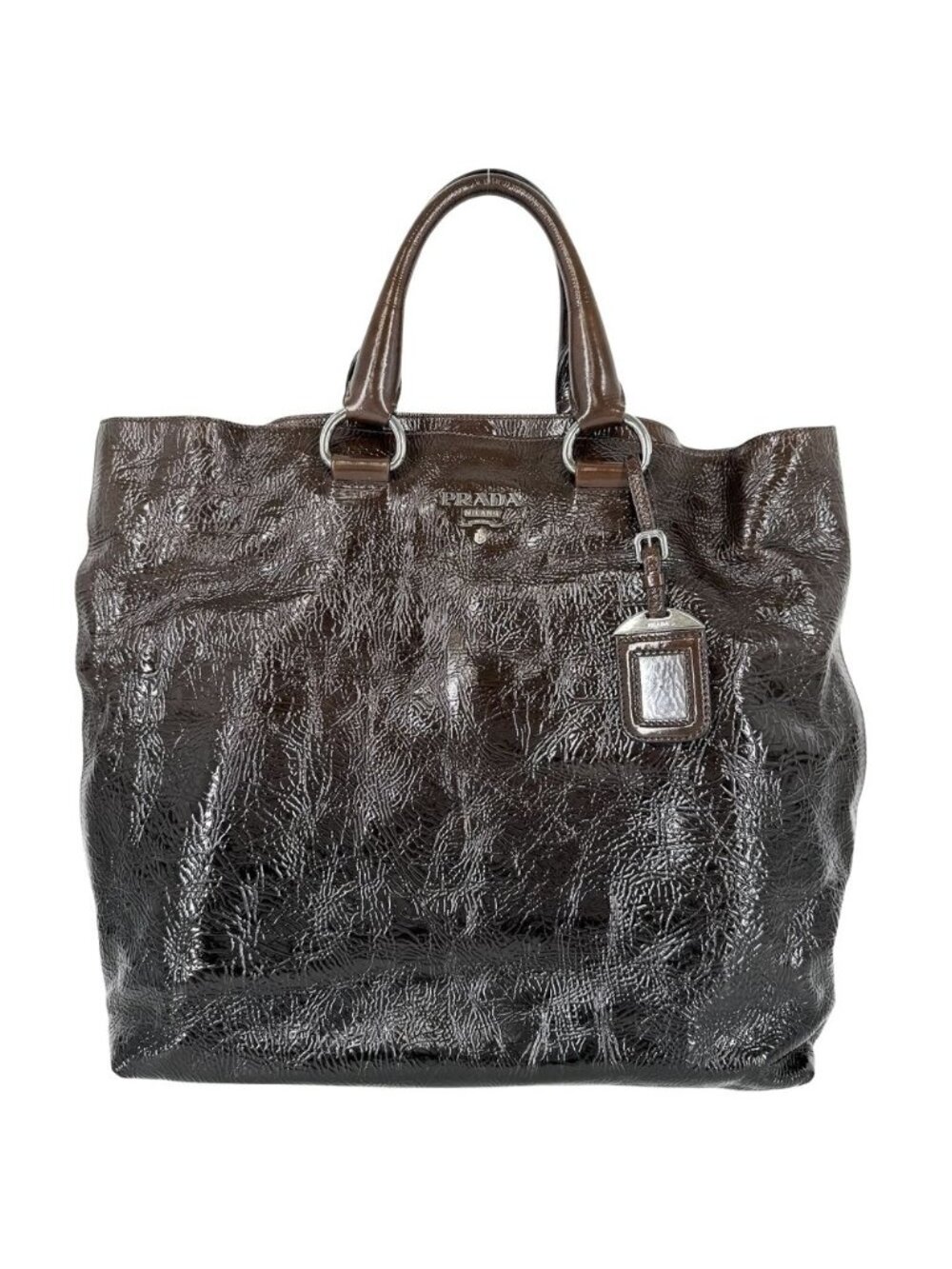 Prada Tote Bag Gradient Triangle Logo Patent Brown Silver